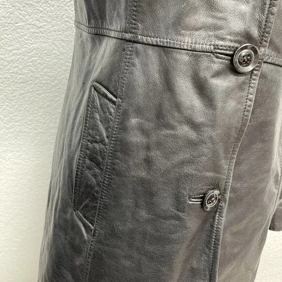 WINLIT Womens Medium Black Soft 100% Leather Button Jacket Long Lines Dress Coat
